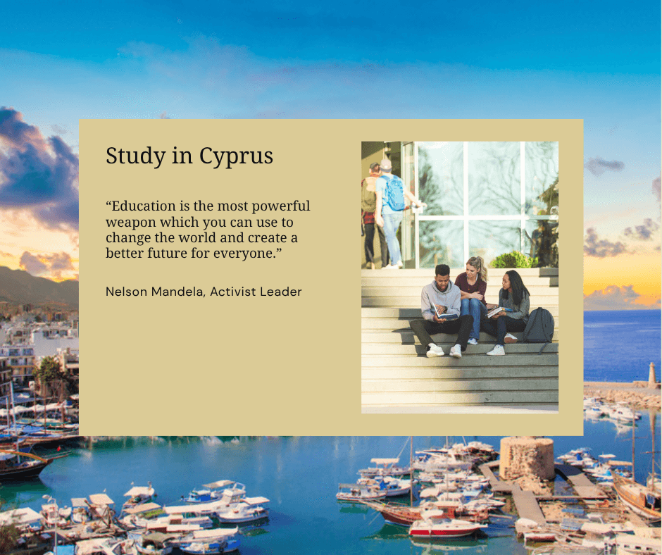 Group of international students studying together on university campus steps in Cyprus, promoting education, diversity, and study abroad opportunities.
