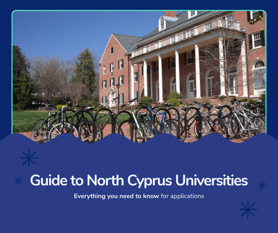 Front view of a North Cyprus university campus building with bicycles parked in front, representing student life and application guide.