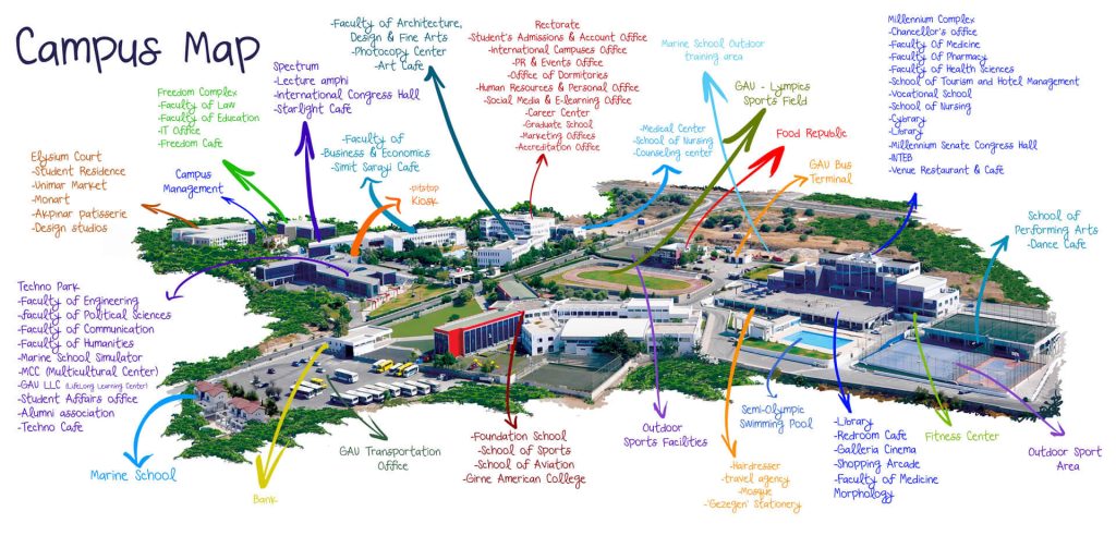 Girne American University campus map showing academic buildings, student services, sports facilities, and key locations for new international students in North Cyprus.