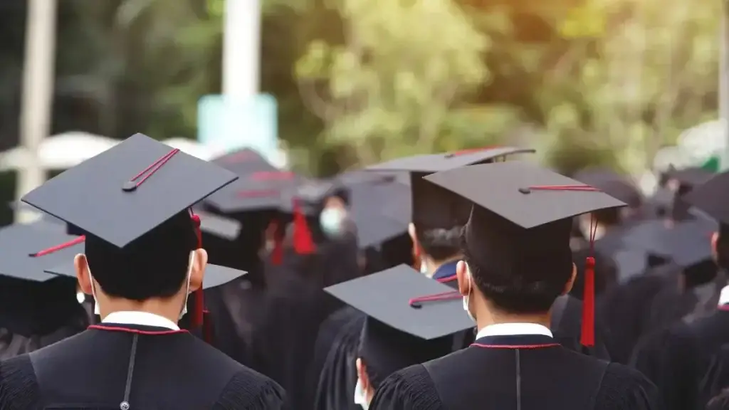 Back view of international students wearing graduation caps and gowns during a graduation ceremony, symbolizing academic achievement in North Cyprus.