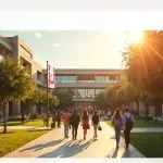 University campus in North Cyprus with students walking under the sunlight, showcasing modern buildings, Turkish Republic of Northern Cyprus flag, and an international student-friendly environment.