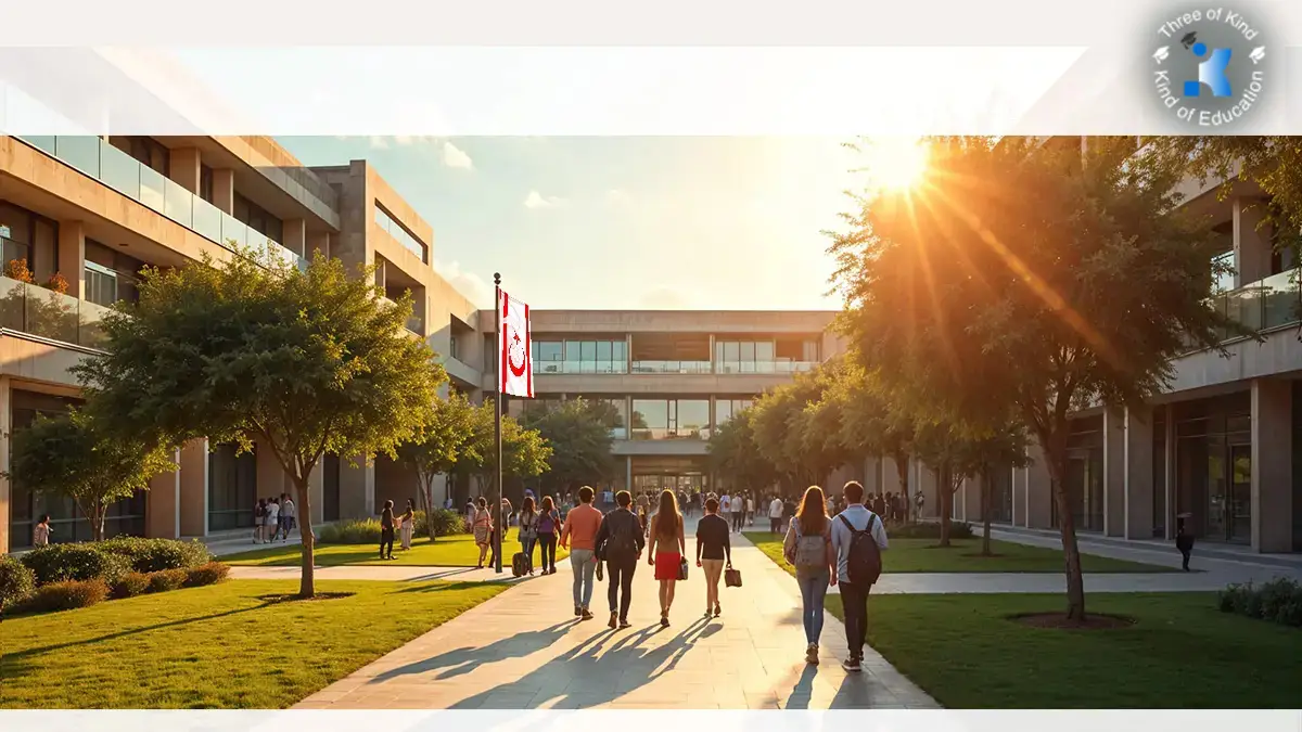 University campus in North Cyprus with students walking under the sunlight, showcasing modern buildings, Turkish Republic of Northern Cyprus flag, and an international student-friendly environment.