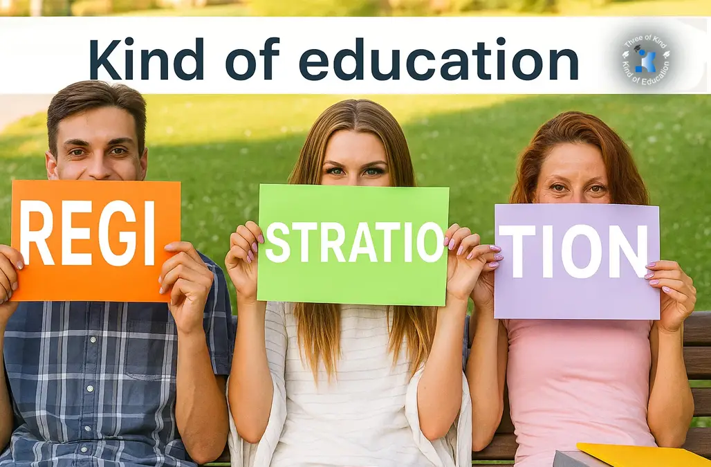 Three students holding signs spelling "REGISTRATION" – university admission open now in North Cyprus through Kind of Education.