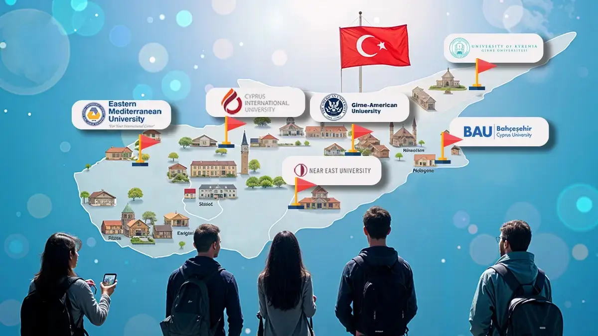 Map of North Cyprus showing locations of top universities including Near East University, Eastern Mediterranean University, Cyprus International University, Girne American University, and Bahçeşehir Cyprus University.
