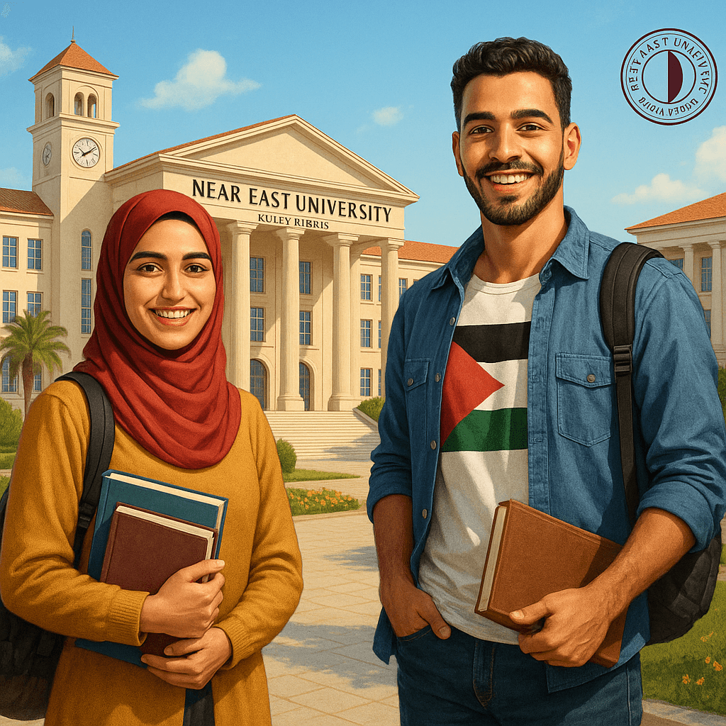 Smiling Palestinian male and female students standing in front of Near East University in Northern Cyprus, holding books and backpacks.
