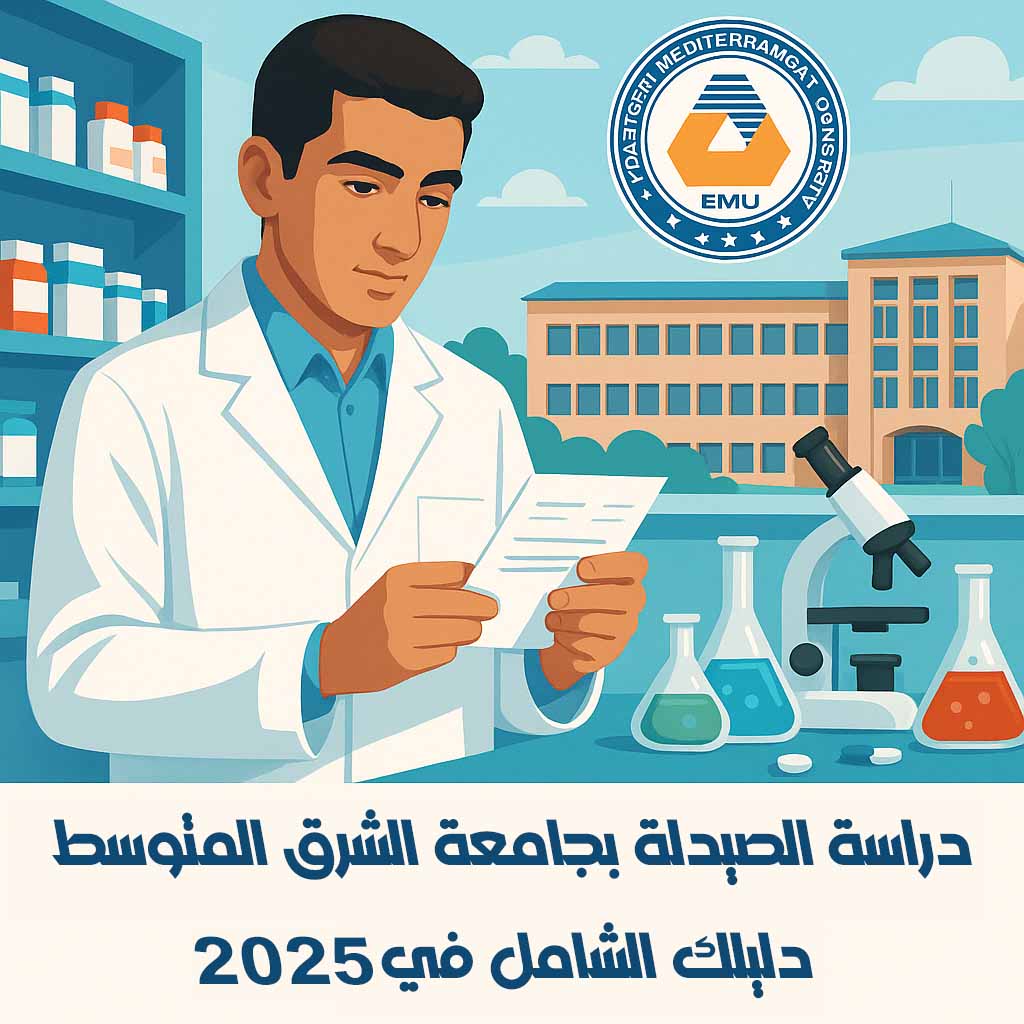 طالب صيدلة في مختبر جامعة الشرق المتوسط EMU يراجع ورقة، مع أدوات مخبرية مثل أنابيب الاختبار والميكروسكوب - برنامج الصيدلة 2025