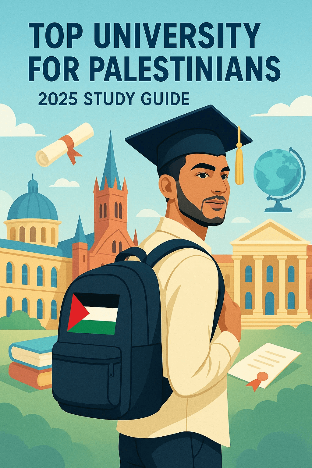 Illustration of a Palestinian student wearing graduation attire and holding a diploma, with a backpack featuring the Palestinian flag and a university campus in the background.