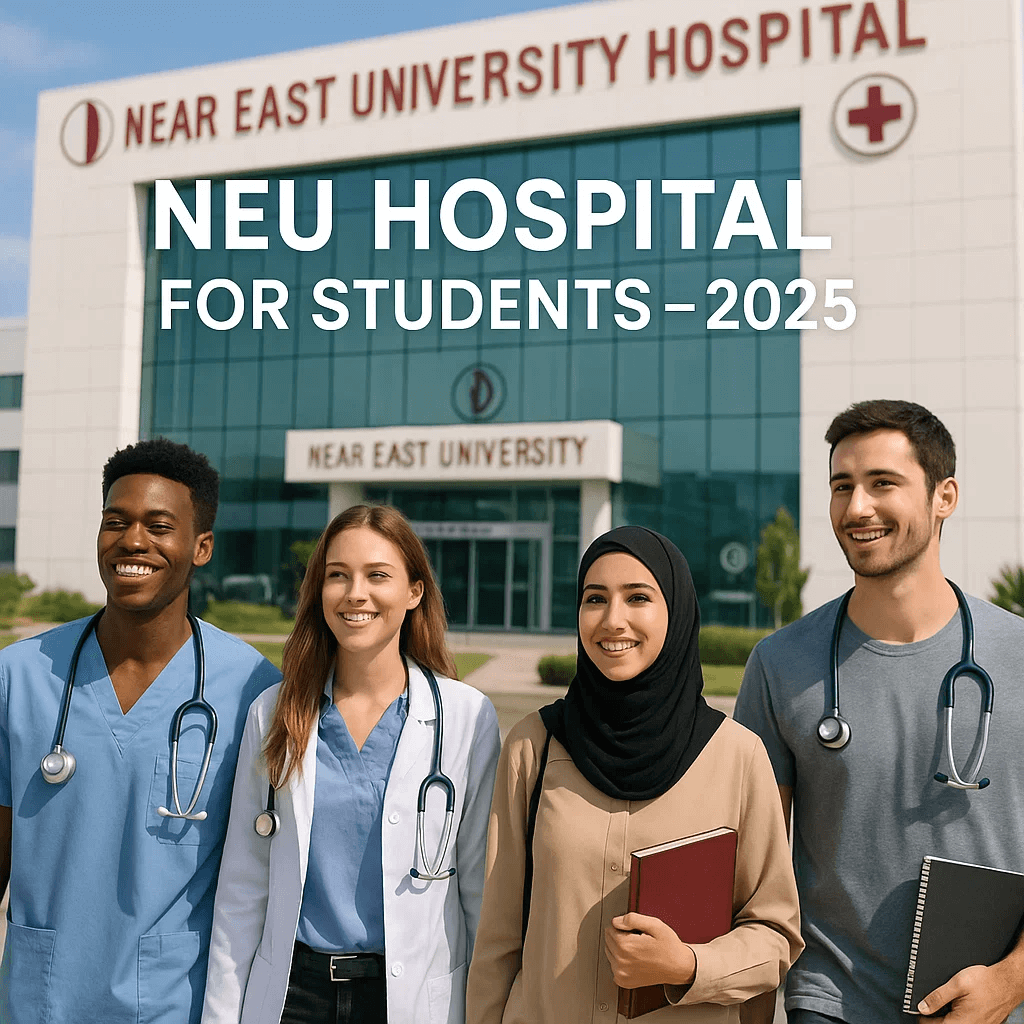 Group of international medical students smiling in front of Near East University Hospital, symbolizing healthcare education opportunities in Cyprus for 2025.