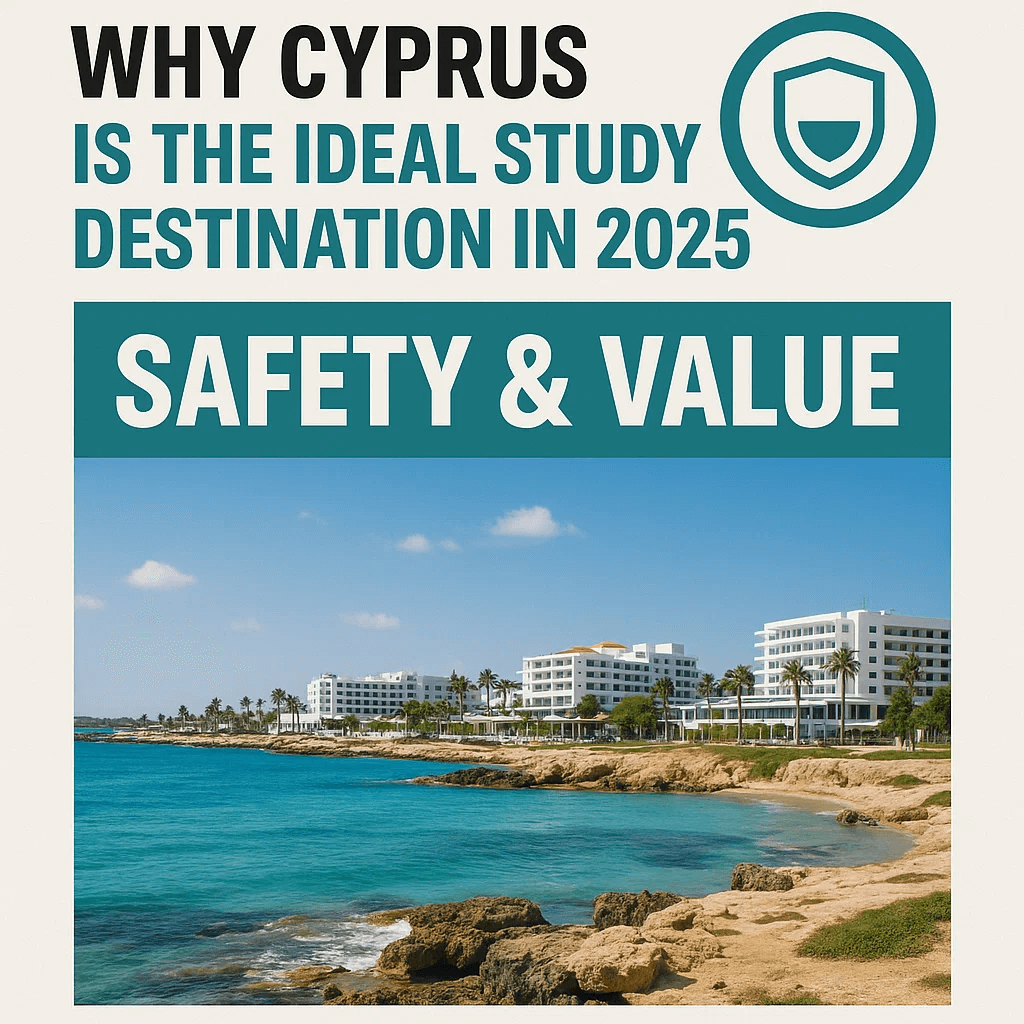 Beautiful coastal view of Cyprus promoting it as a safe and affordable study destination for international students in 2025.