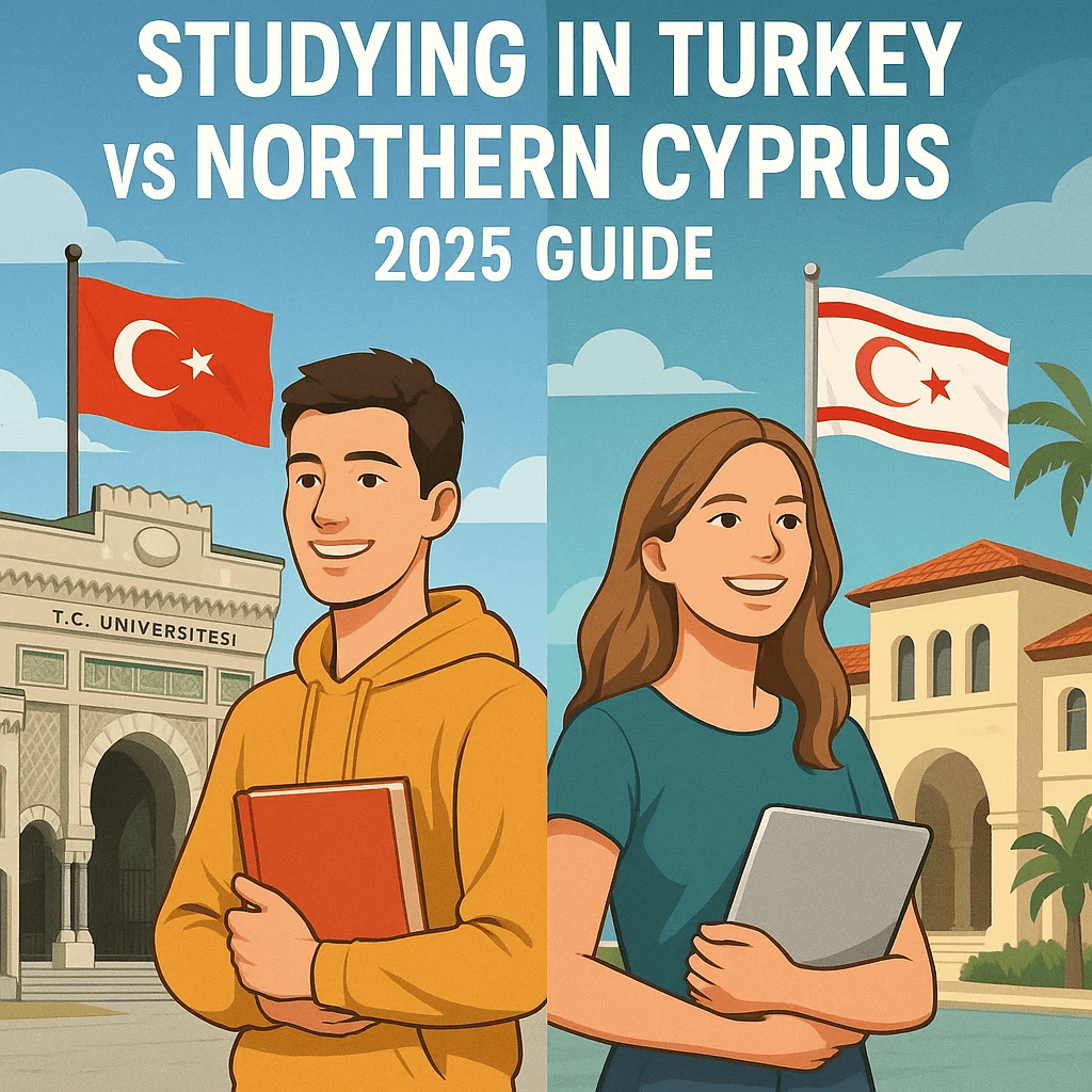Illustration of students in front of Turkish and Northern Cypriot universities, highlighting a comparison between studying in Turkey and Northern Cyprus in 2025.