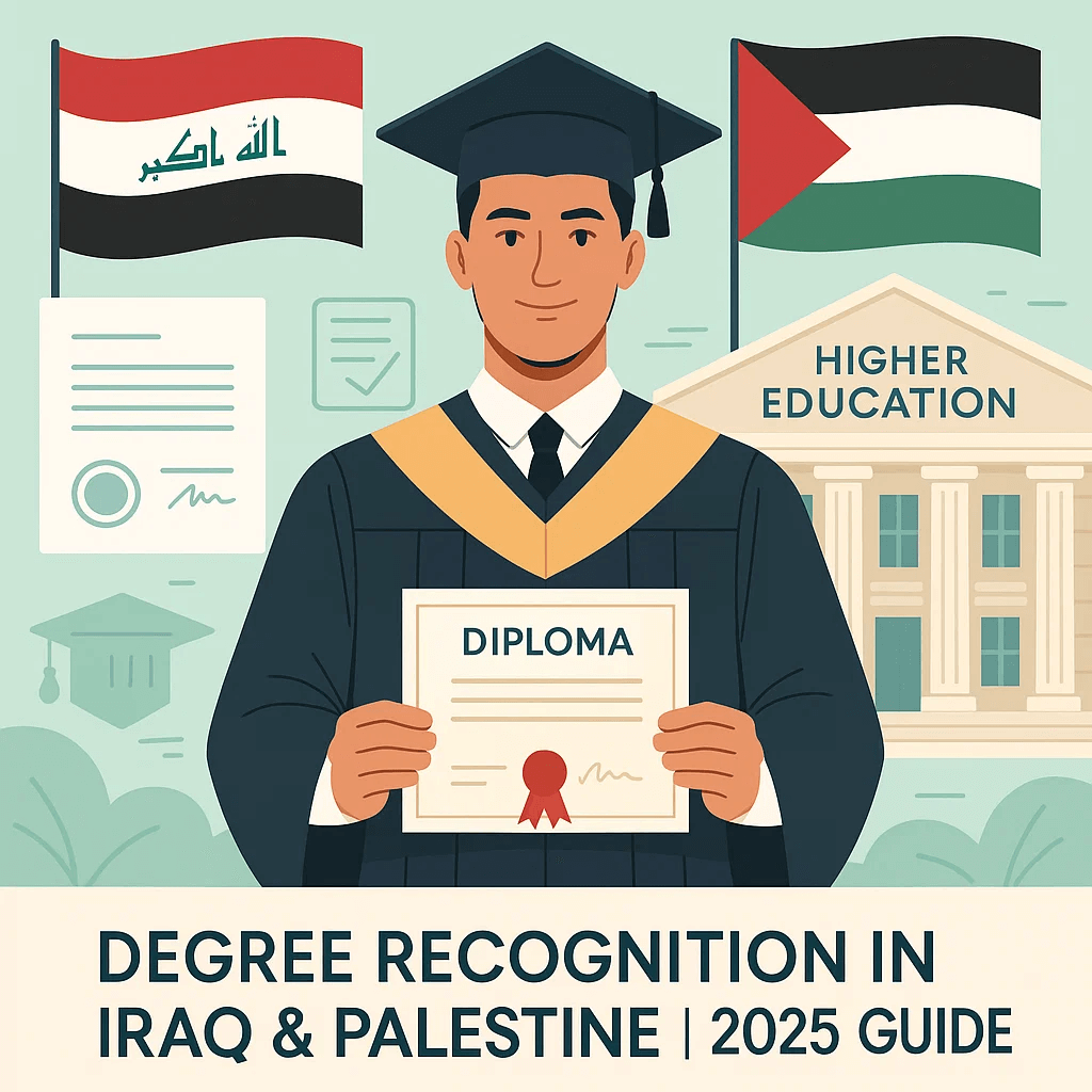 Illustration of a graduate holding a diploma with Iraq and Palestine flags in the background, representing 2025 degree recognition for students in higher education.