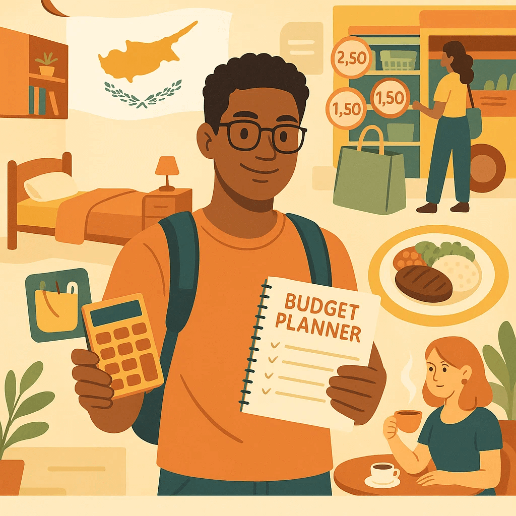Illustration of an international student holding a calculator and a budget planner, with visuals of groceries, meals, housing, and daily expenses in Cyprus.