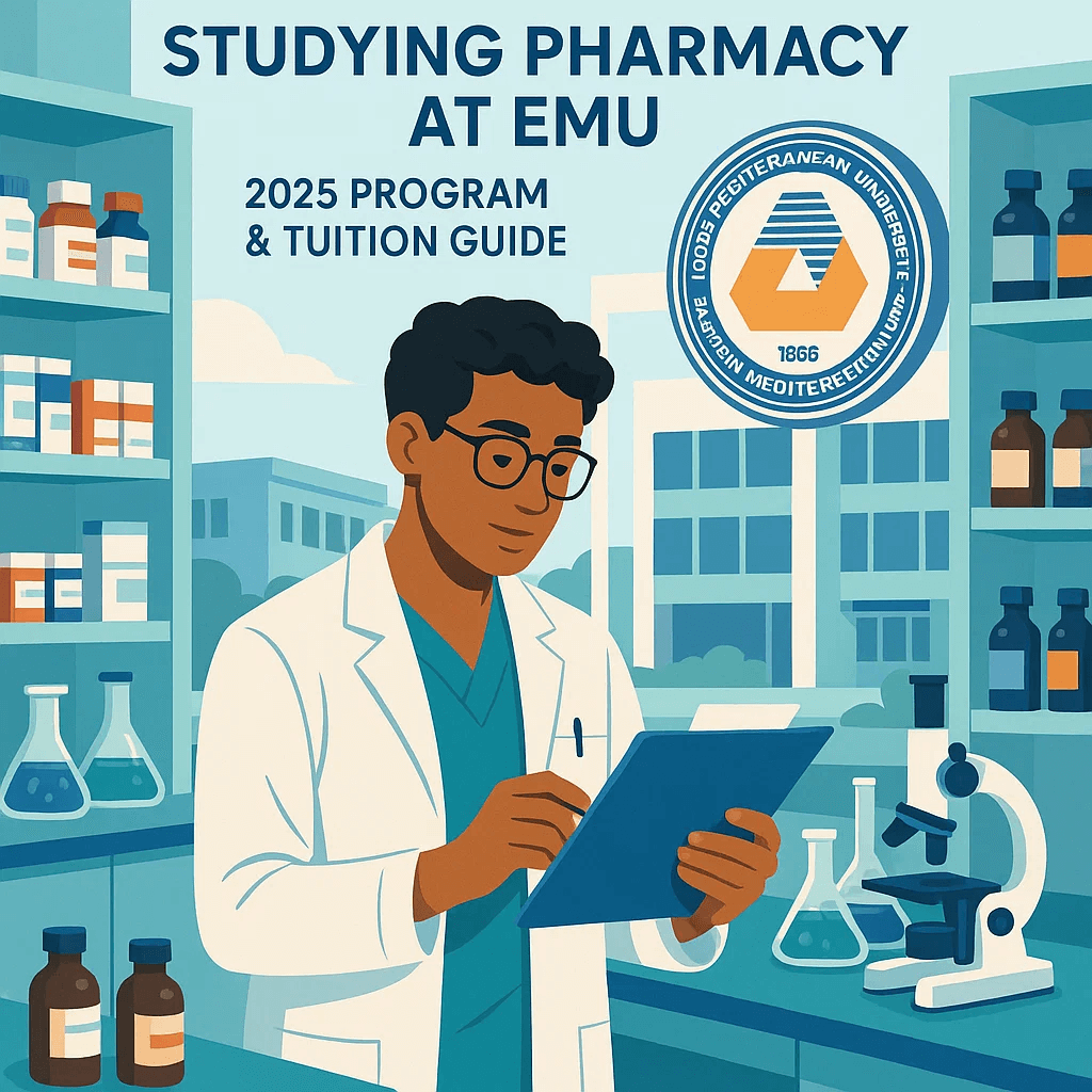 Student studying Pharmacy at EMU in lab environment with beakers, microscope, and university logo - Pharmacy program at EMU 2025