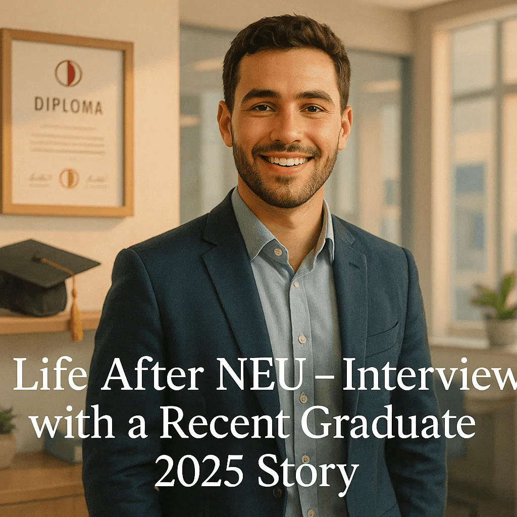 Smiling male graduate in suit standing in an office with a diploma and graduation cap in the background – NEU graduate interview 2025