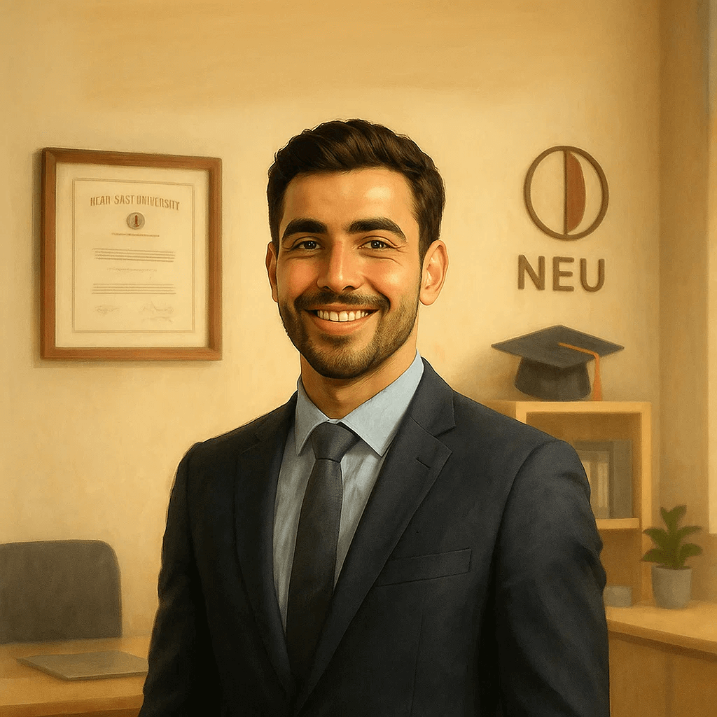 شاب يرتدي بدلة رسمية يبتسم داخل مكتب مع شهادة تخرج وقبعة تخرج في الخلفية – خريج جامعة الشرق الأدنى NEU