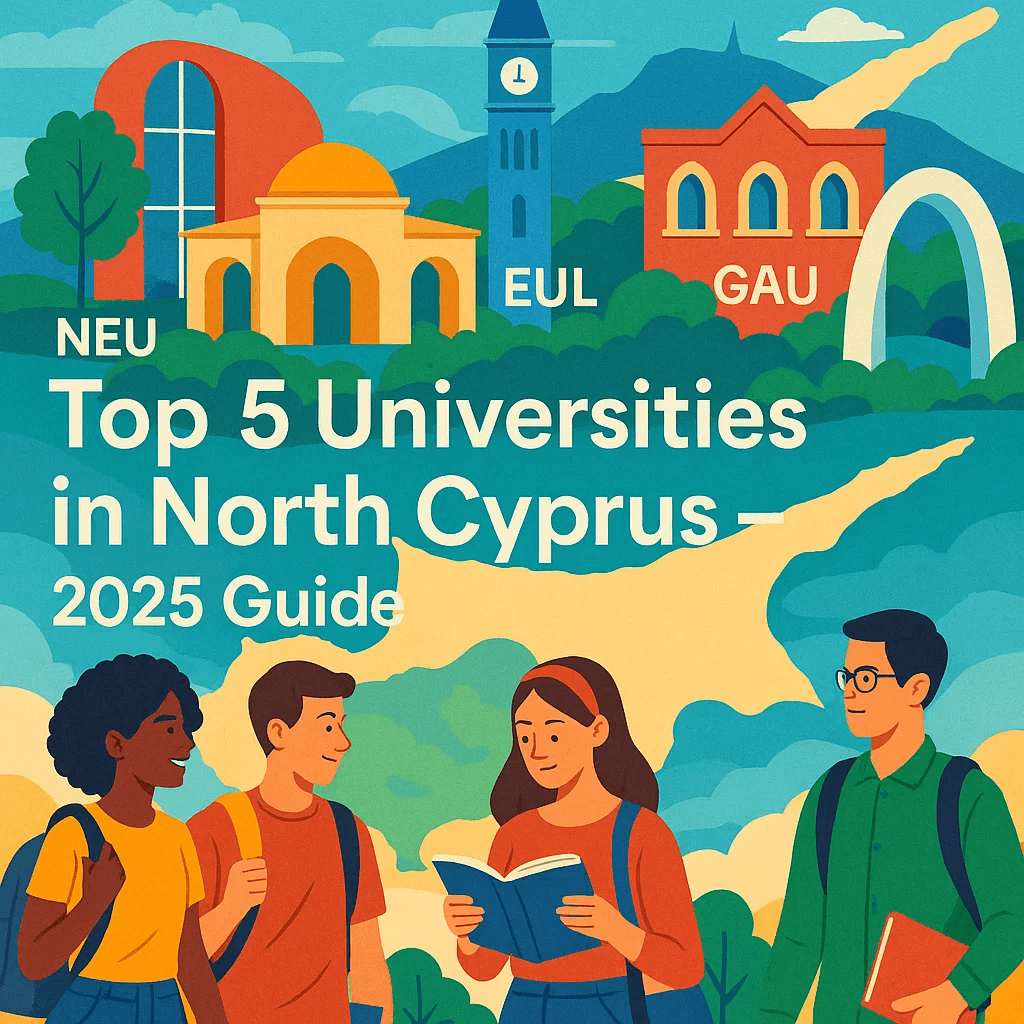 Top 5 universities in North Cyprus 2025 guide with students and famous campus landmarks like NEU, GAU, and EUL