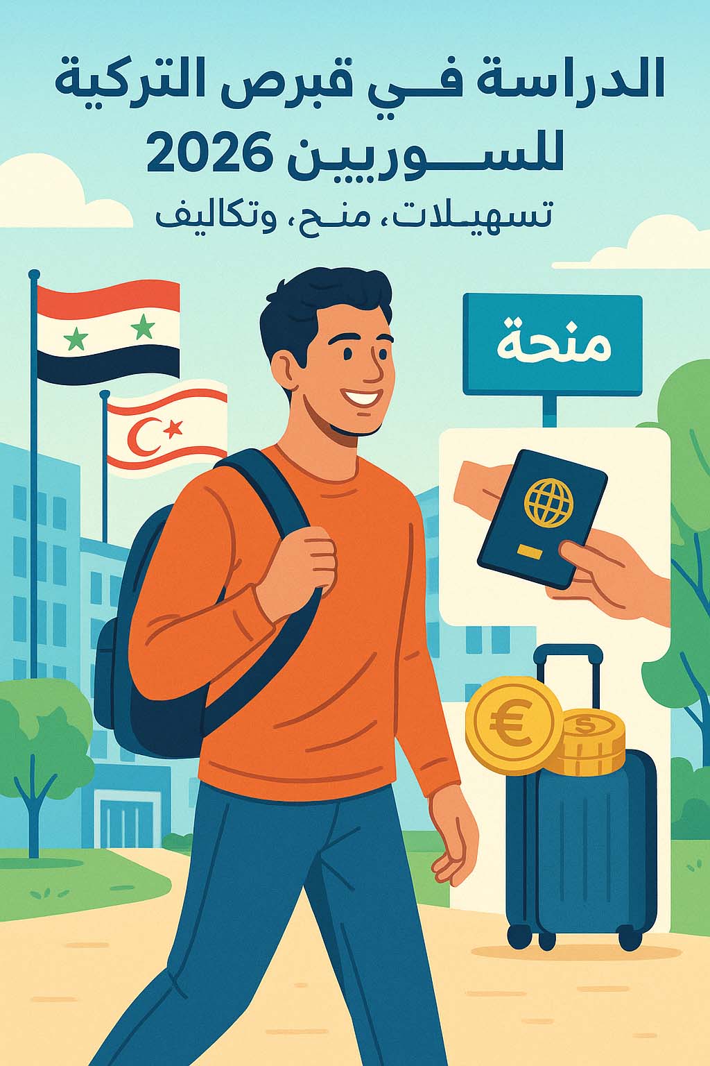 طالب سوري مبتسم يحمل حقيبة ظهر وجواز سفر، وخلفه أعلام سوريا وقبرص الشمالية، يرمز إلى المنح والتسهيلات للدراسة في قبرص التركية عام 2026