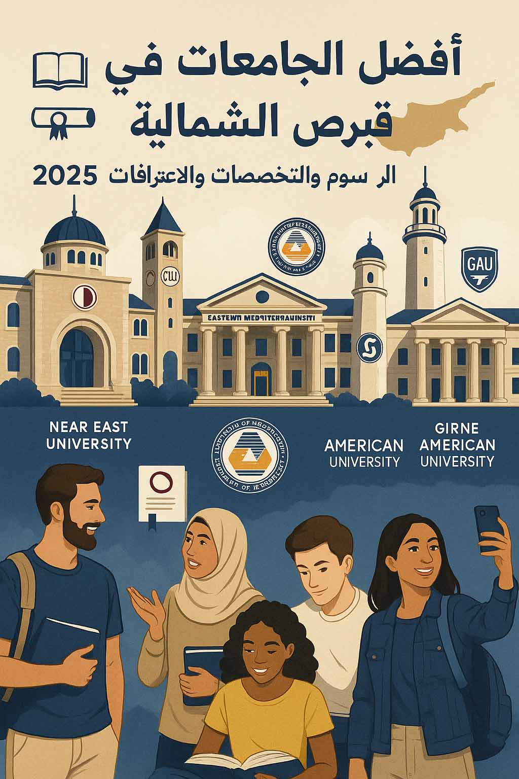 أفضل الجامعات في قبرص الشمالية 2025 – طلاب يتحدثون أمام مباني جامعات مثل جامعة الشرق الأدنى وجامعة الشرق المتوسط