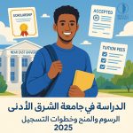 طالب يبتسم ويحمل كتابًا أمام مبنى جامعة الشرق الأدنى، مع رموز تشير إلى القبول والمنح الدراسية والرسوم الدراسية
