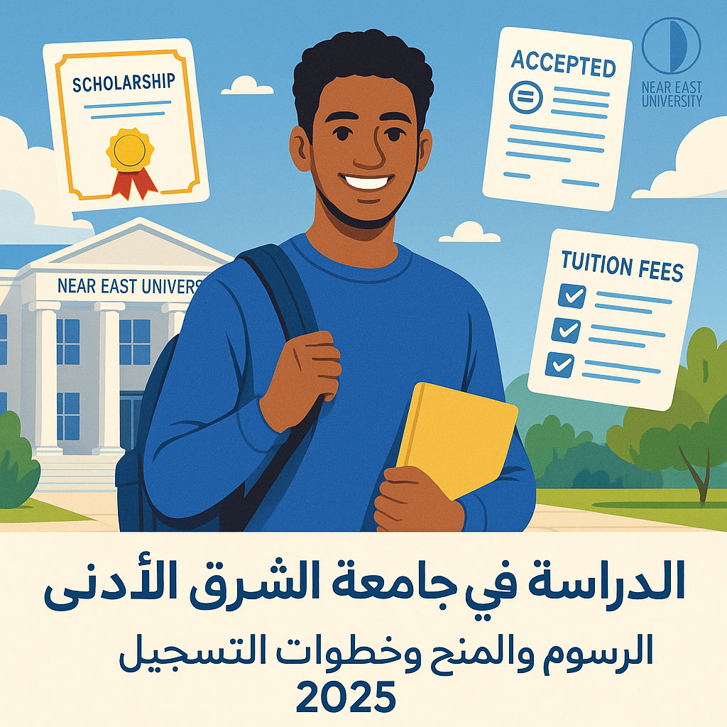 طالب يبتسم ويحمل كتابًا أمام مبنى جامعة الشرق الأدنى، مع رموز تشير إلى القبول والمنح الدراسية والرسوم الدراسية