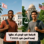 طالبان يقفان أمام جامعتين مختلفتين، الأول في قبرص الشمالية والثاني في ماليزيا، مع رمز الميزان في المنتصف للمقارنة بين الدولتين في مجال التعليم لعام 2025