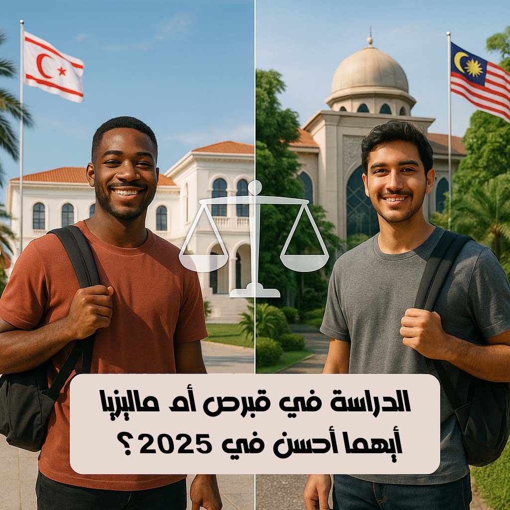 طالبان يقفان أمام جامعتين مختلفتين، الأول في قبرص الشمالية والثاني في ماليزيا، مع رمز الميزان في المنتصف للمقارنة بين الدولتين في مجال التعليم لعام 2025