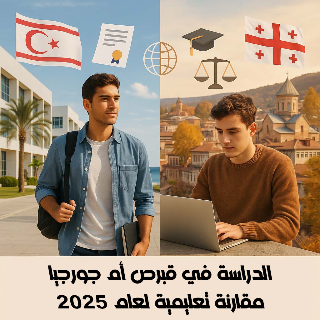 طالبان دوليان أحدهما في شمال قبرص يحمل شهادة تخرج، والآخر في جورجيا يحمل جهاز لابتوب، يقفان أمام معالم تعليمية بارزة مع رموز تمثل الشهادة، العدالة، والتعليم الدولي لعام 2025