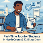 International student holding a work permit and drinking coffee while searching for part-time job opportunities in North Cyprus in 2025