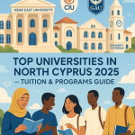Top universities in North Cyprus 2025 – international students reading in front of university buildings like NEU, GAU, CIU, and University of Kyrenia