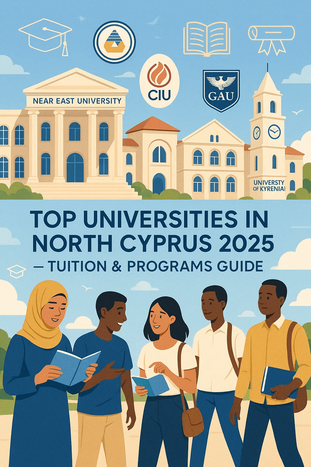 Top universities in North Cyprus 2025 – international students reading in front of university buildings like NEU, GAU, CIU, and University of Kyrenia