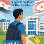 Syrian student standing in front of a university in North Cyprus with scholarship sign and flags of Syria and Northern Cyprus in the background