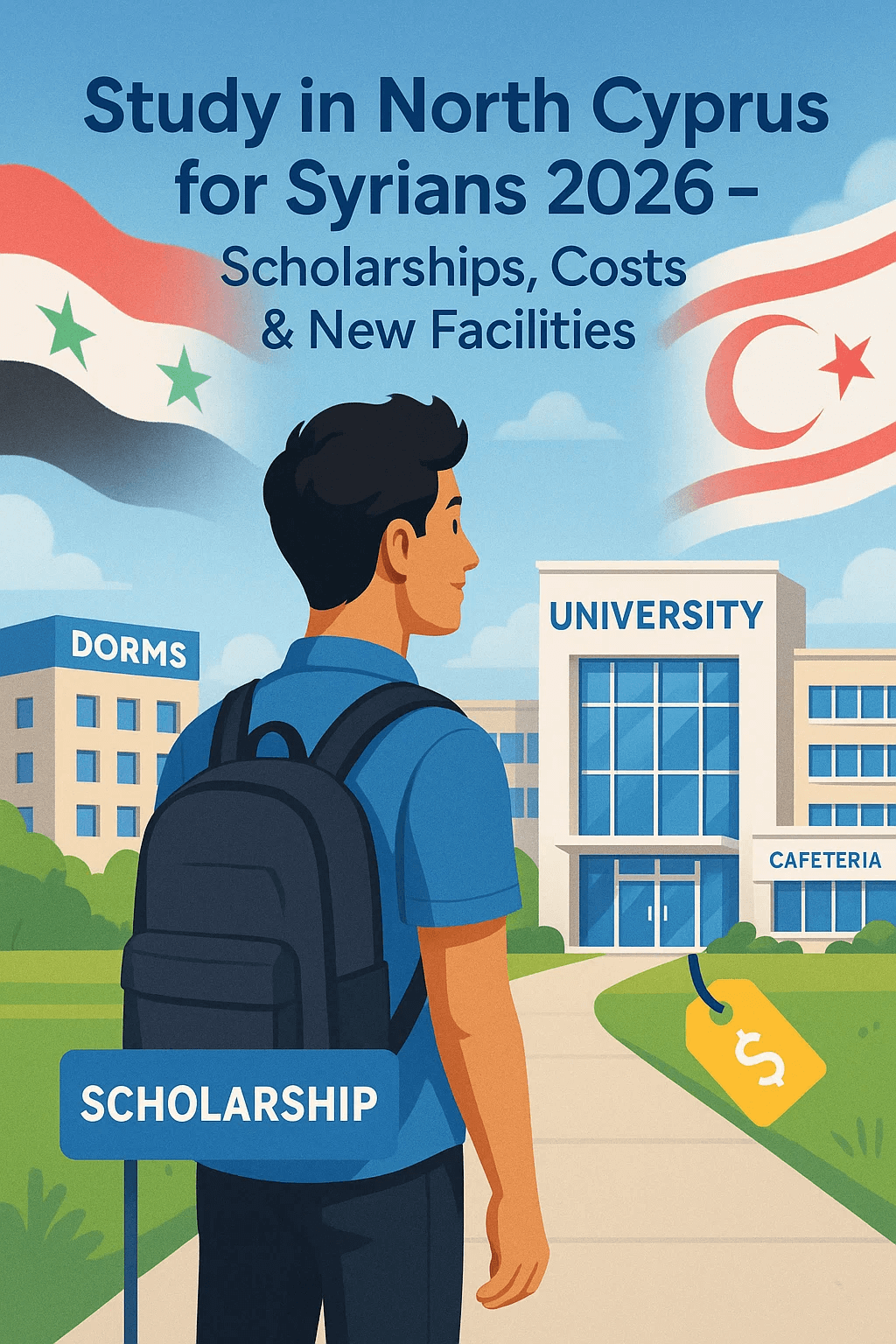 Syrian student standing in front of a university in North Cyprus with scholarship sign and flags of Syria and Northern Cyprus in the background