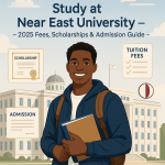 Smiling student holding a book in front of Near East University building with scholarship, tuition fees, and admission icons around