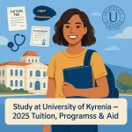 A female student holding books in front of University of Kyrenia, with icons for tuition, scholarship, and aviation in the background – Study in North Cyprus 2025.