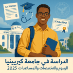 طالب دولي مبتسم يحمل كتبًا أمام مبنى جامعة غيرنه الأمريكية في قبرص الشمالية، تظهر حوله رموز عن الرسوم الدراسية، المنح الدراسية، والتخصصات الطبية – دليلك للعام 2025