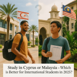Two international students standing in front of universities in Cyprus and Malaysia with their national flags and a question mark in between, symbolizing an educational comparison for 2025