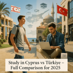 Two students in front of universities in Cyprus and Türkiye, one walking with a scholarship letter and the other studying with a laptop and study permit, with national flags and educational icons representing the study comparison for 2025