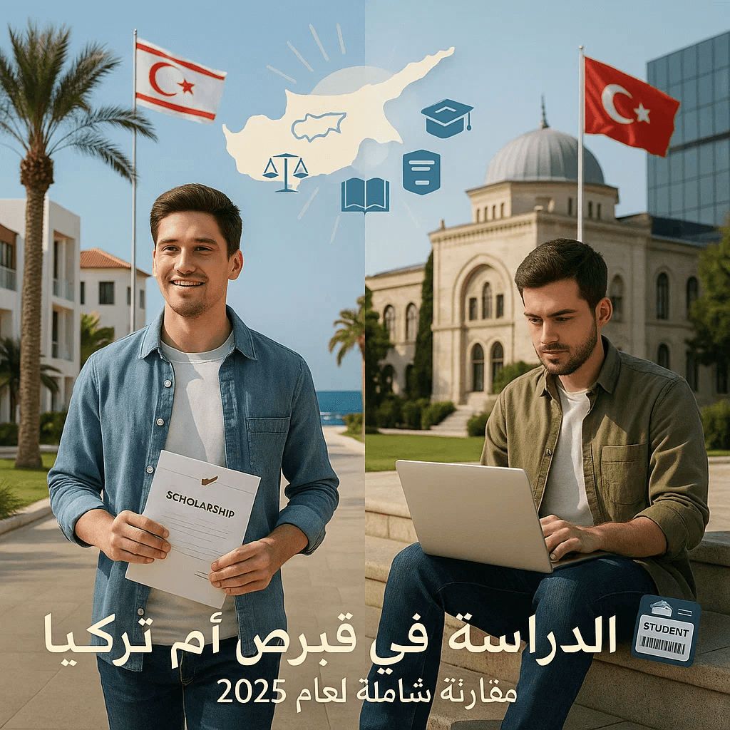طالبان أحدهما في قبرص والآخر في تركيا، أحدهما يحمل ورقة منحة والآخر يستخدم لابتوب، مع أعلام الدول ورموز أكاديمية على خريطة قبرص، تمثل مقارنة دراسية لعام 2025