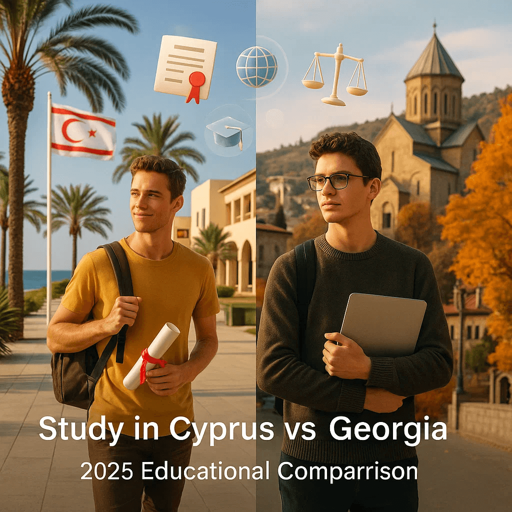 Two international students, one in Northern Cyprus holding a diploma and the other in Georgia with a laptop, standing in front of educational landmarks with icons representing education, law, and global access in 2025