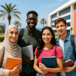 أربعة طلاب دوليين من خلفيات ثقافية متنوعة يبتسمون أمام مبنى جامعي حديث في شمال قبرص، يحملون دفاترهم وأجهزتهم المحمولة، في جو مشمس يعكس بيئة تعليمية إيجابية