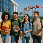 Four international students walking and smiling on a modern university campus in North Cyprus with national flags in the background, showcasing diversity and multicultural education