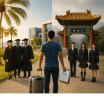 International student standing between two educational paths: modern campus in Cyprus with graduates on one side, and traditional Chinese gate with uniformed students on the other
