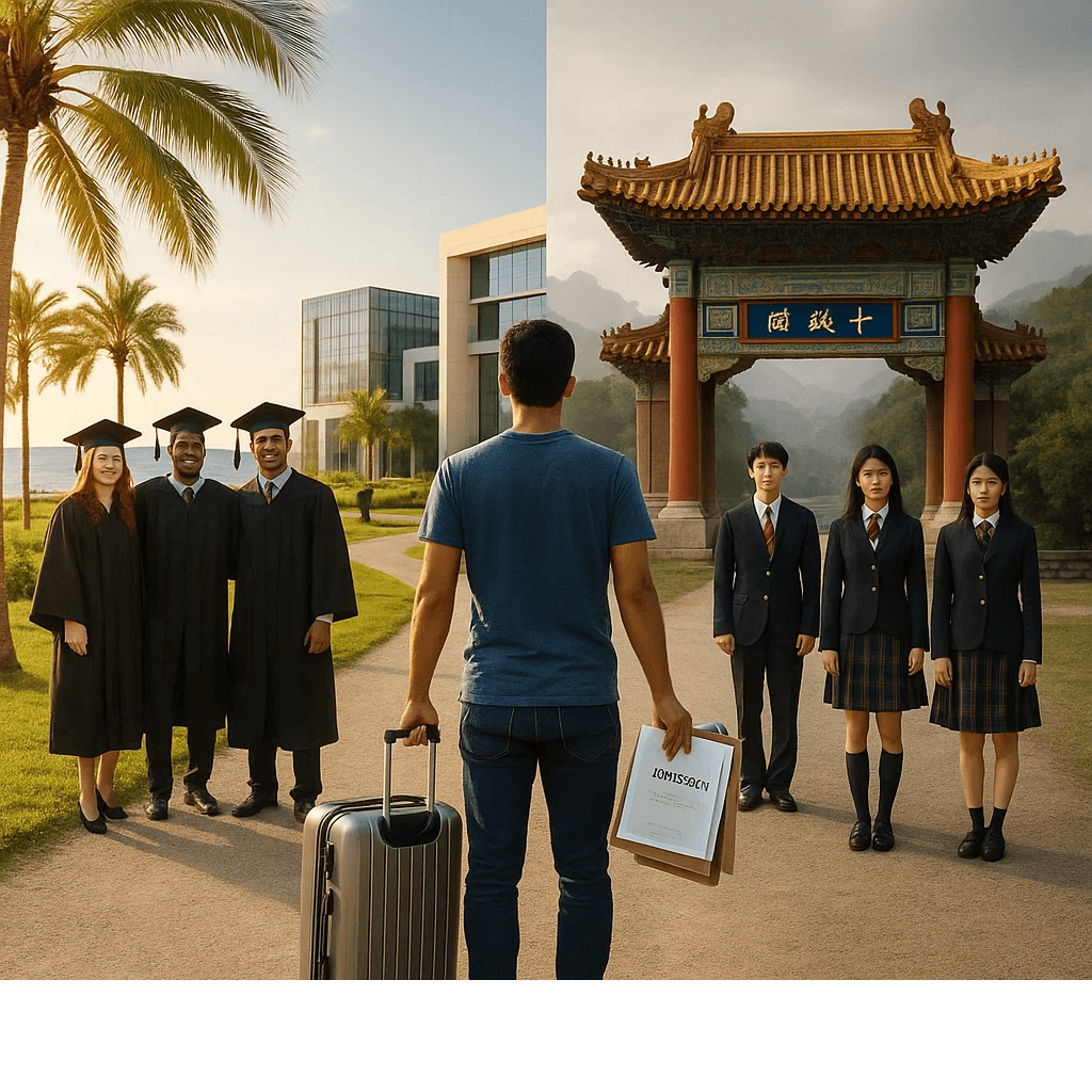 International student standing between two educational paths: modern campus in Cyprus with graduates on one side, and traditional Chinese gate with uniformed students on the other