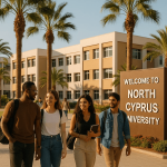 Group of international students walking and smiling in front of a welcome sign at North Cyprus University campus