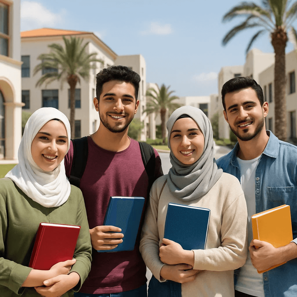 مجموعة من الطلاب العرب يبتسمون ويحملون دفاتر على حرم جامعي مشمس في قبرص الشمالية