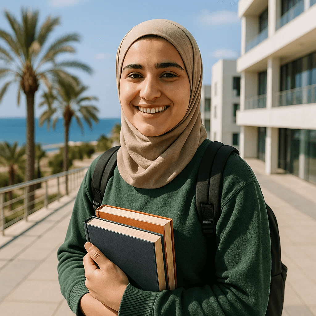 طالبة عربية ترتدي الحجاب وتحمل كتبًا وتقف في الحرم الجامعي المطل على البحر في قبرص الشمالية