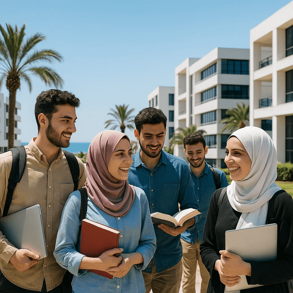 مجموعة من الطلاب العرب في جامعة حديثة بالقرب من البحر في قبرص الشمالية، يحملون كتبًا ويبتسمون