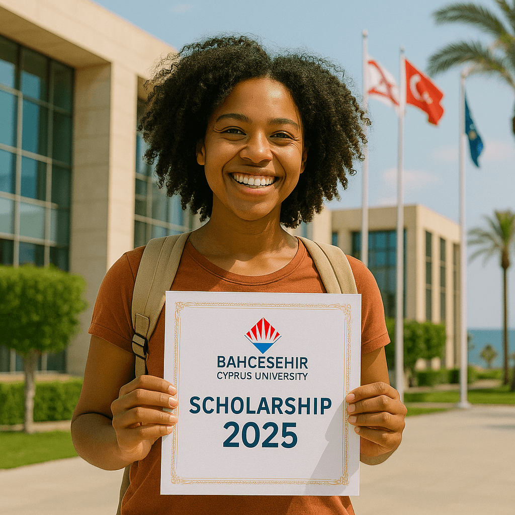 Happy international student holding Bahcesehir Cyprus University Scholarship 2025 certificate