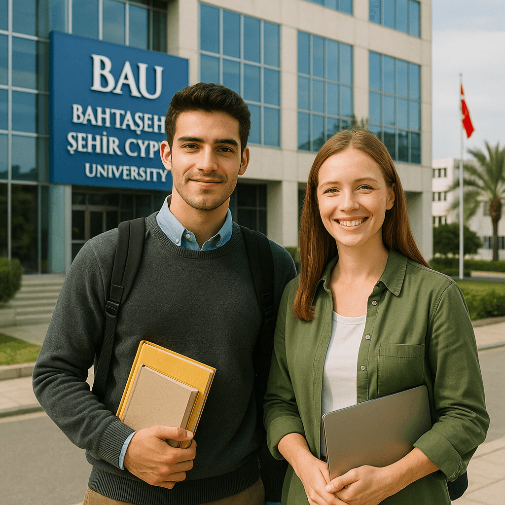 Two international students standing in front of Bahçeşehir Cyprus University building
