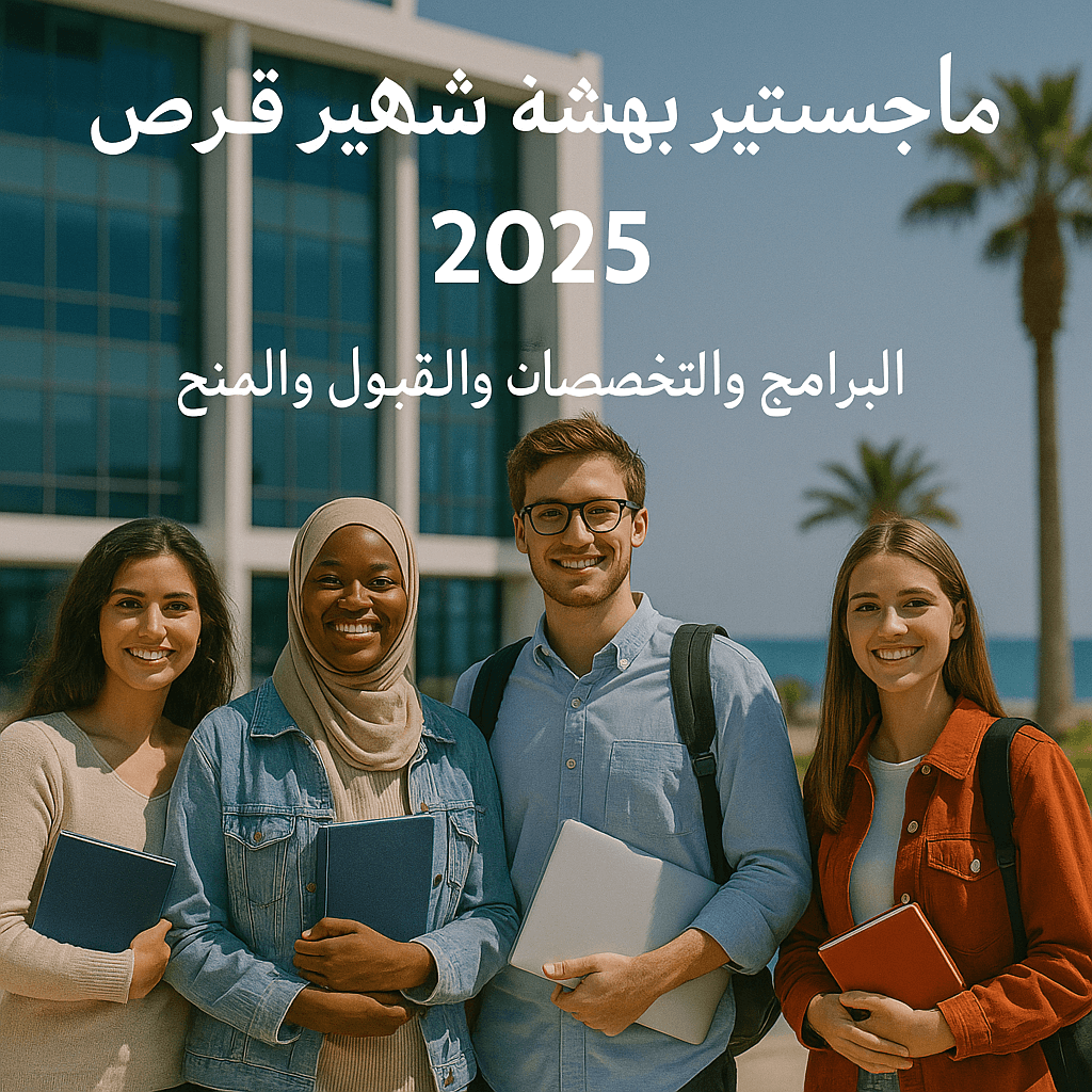 طلاب دوليون يقفون أمام جامعة بهتشه شهير قبرص يحملون كتبهم ويبتسمون للكاميرا
